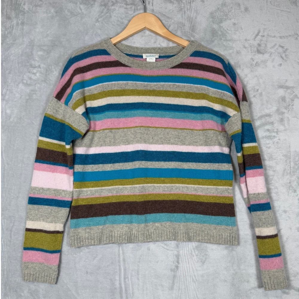 Sundance Striped Lambswool Blend Sweater Small Gray Multi Pullover Preppy 90's